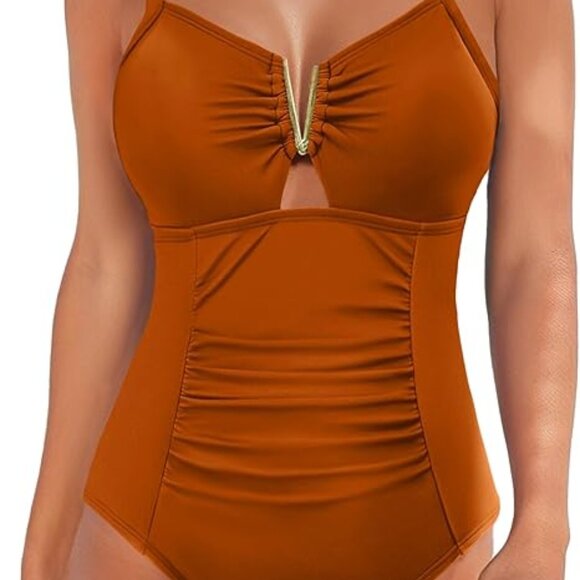 Women's Tummy Control Swimsuits Ruched Slimming One Piece Bathing Suit V Neck - Picture 1 of 4